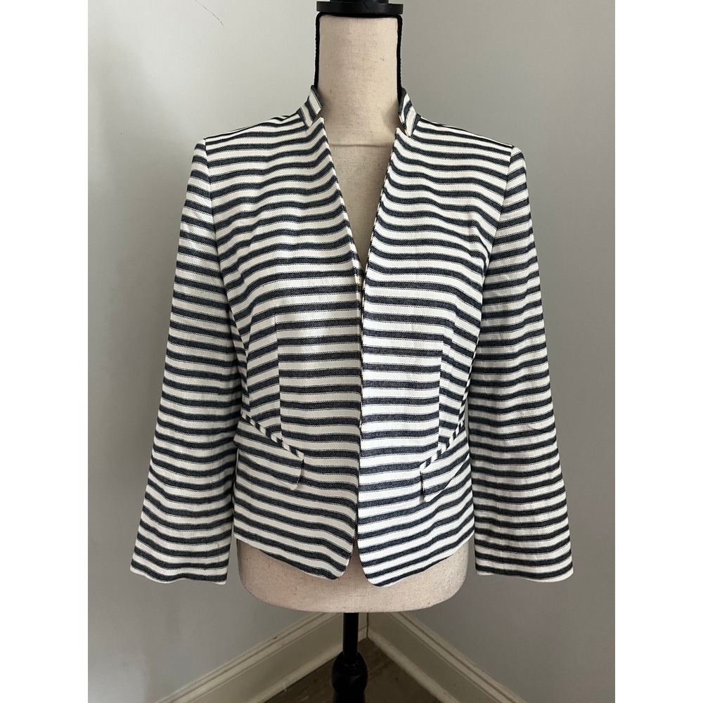Striped Open Front Blazer sz 4 Navy Office Chic Jacket Preppy French Minimalist